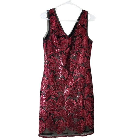 Julia Jordan Sheath Dress Size 9 Red Embroidered Sequin Overlay V-Neck - Picture 1 of 5